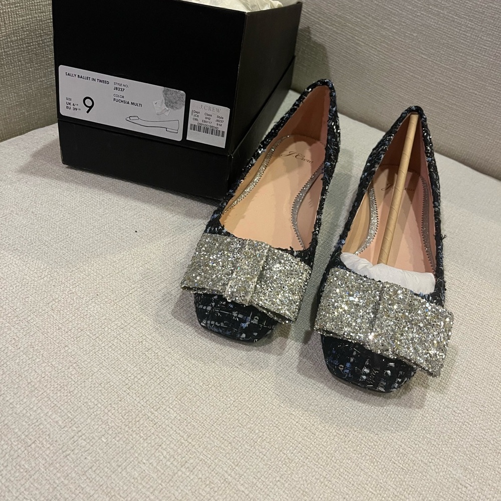 J. Crew Black and Silver tweed Flats New with box